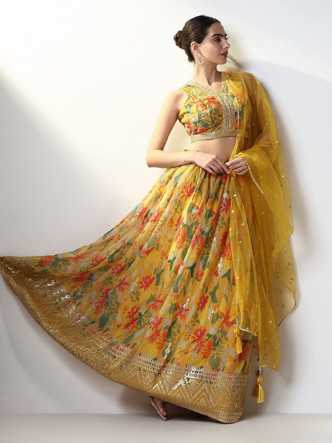 Women Yellow Printed Lehenga Choli with Dupatta