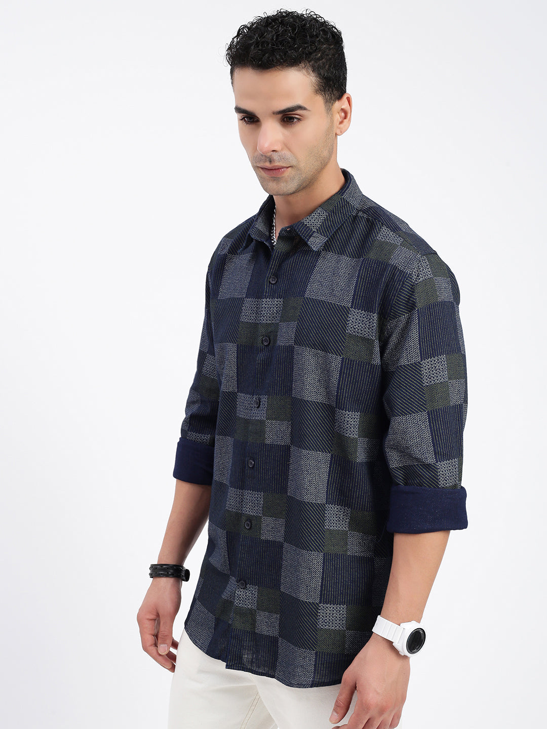 Men Geometric Navy Blue Slim Fit Shirt