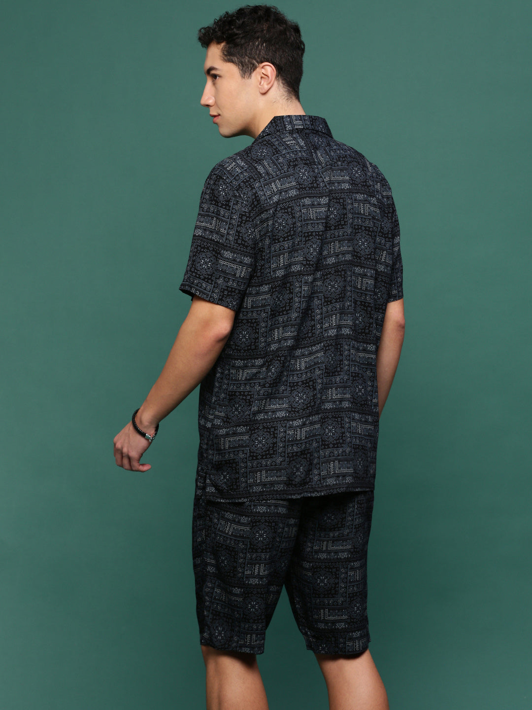 Men Black Cuban Collar Printed Co Ords Set