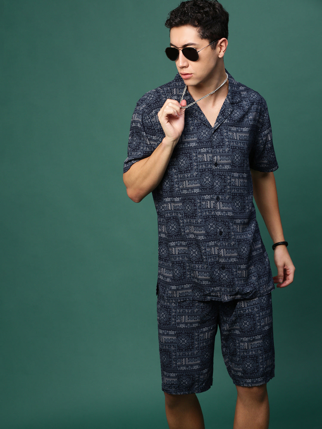 Men Navy Blue Cuban Collar Printed Co Ords Set