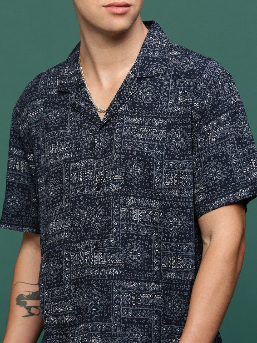 Men Navy Blue Cuban Collar Printed Co Ords Set