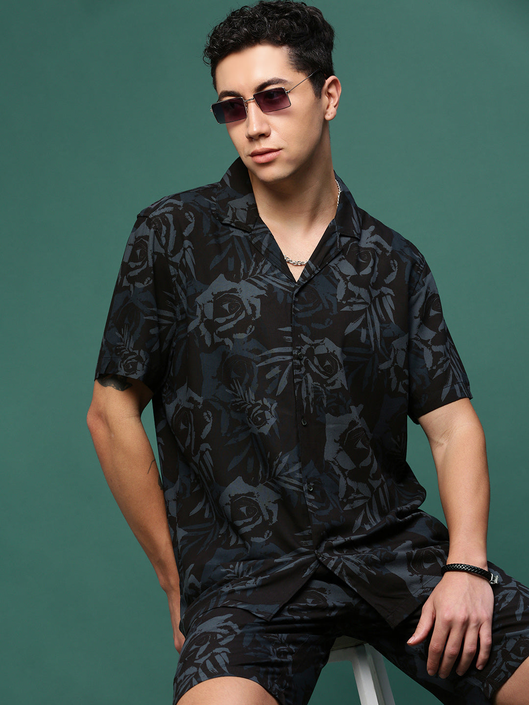 Men Black Cuban Collar Printed Co Ords Set