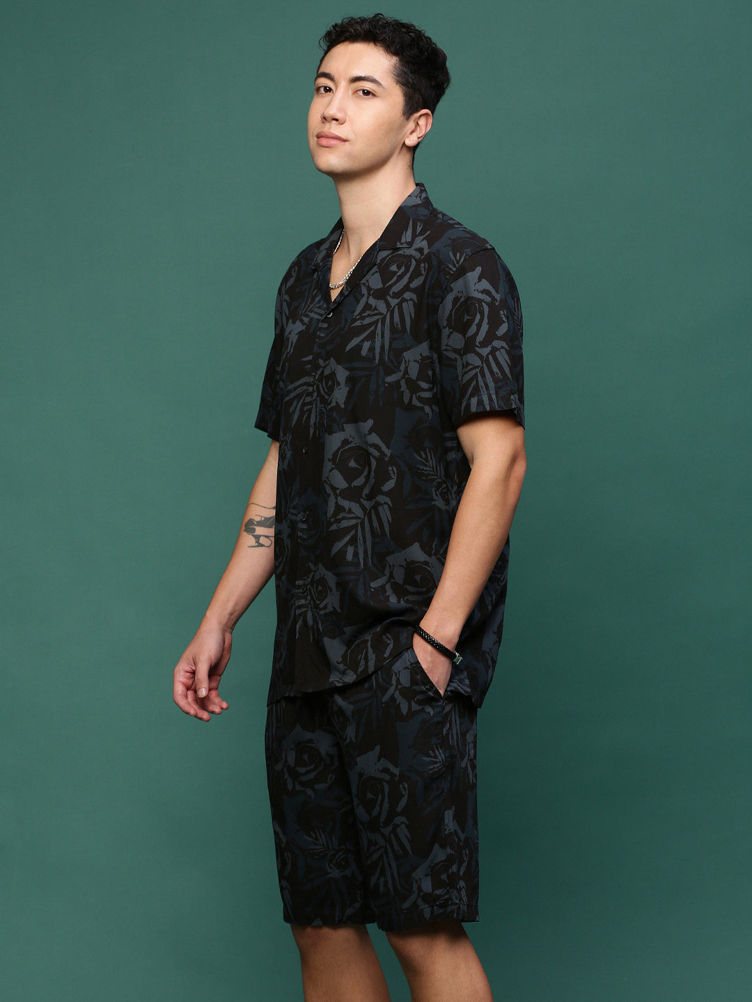 Men Black Cuban Collar Printed Co Ords Set