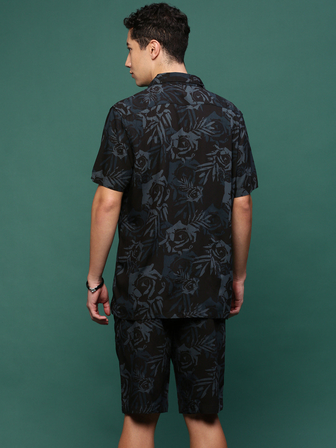 Men Black Cuban Collar Printed Co Ords Set