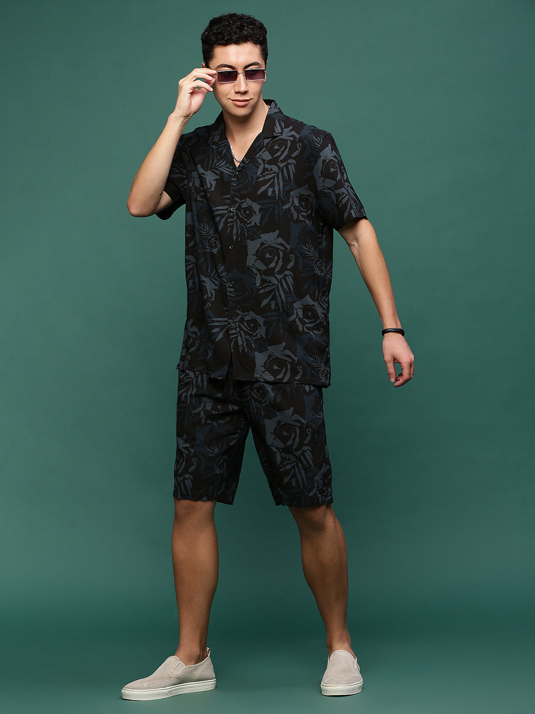 Men Black Cuban Collar Printed Co Ords Set