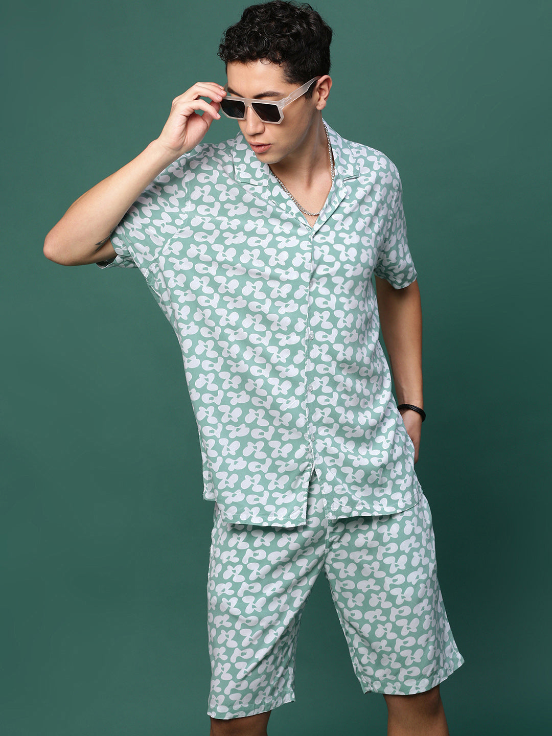 Men Sea Green Cuban Collar Printed Co Ords Set