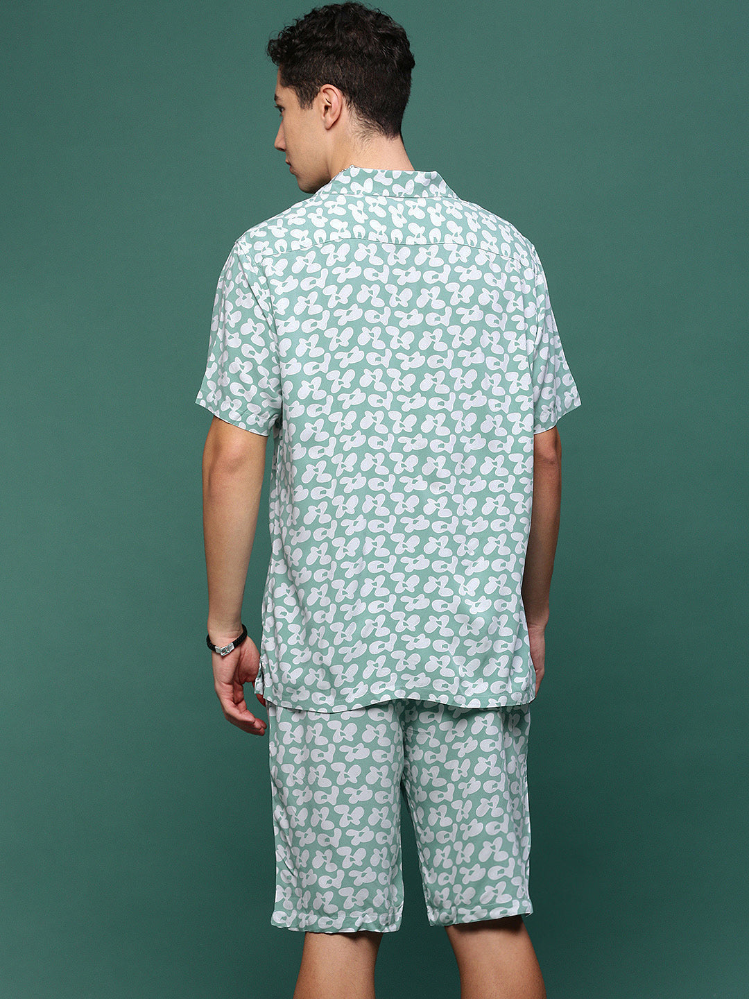 Men Sea Green Cuban Collar Printed Co Ords Set