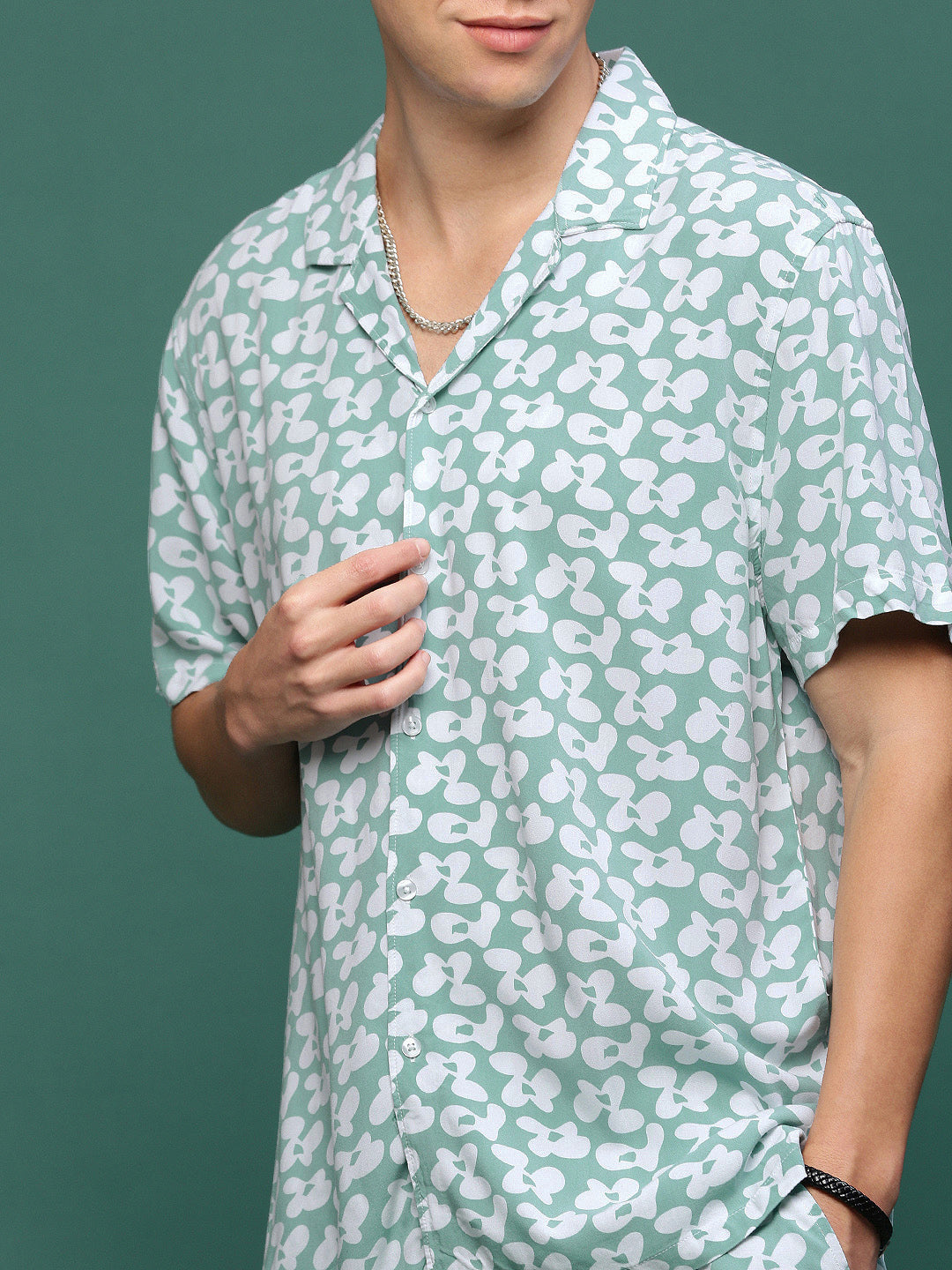 Men Sea Green Cuban Collar Printed Co Ords Set