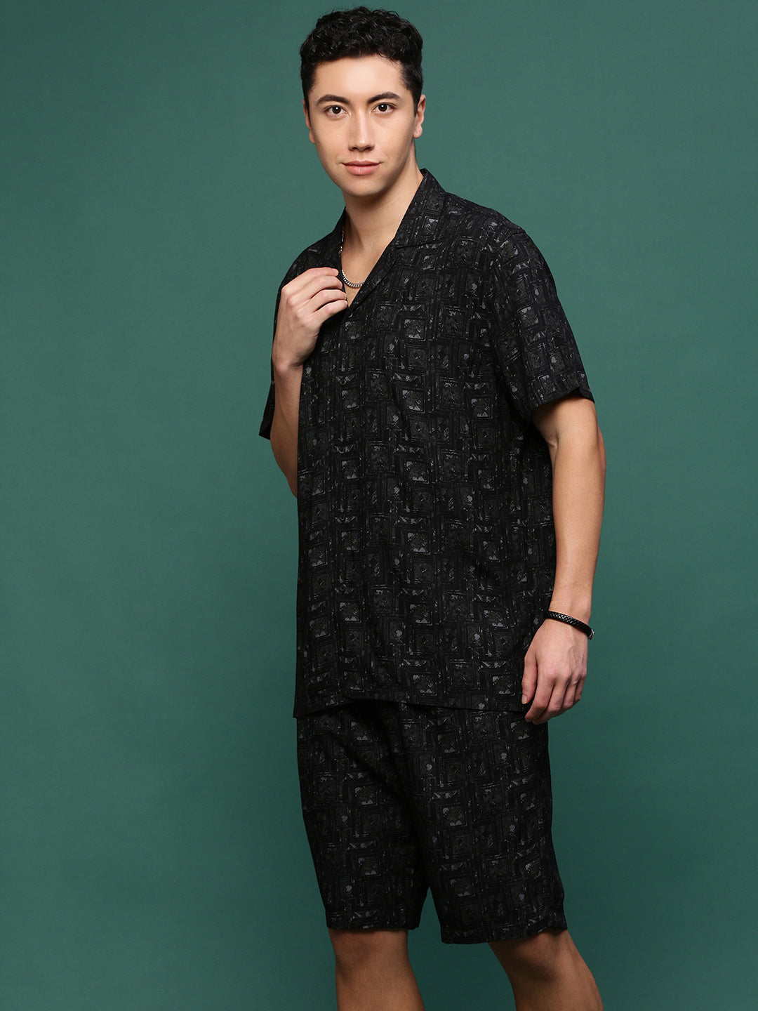 Men Black Cuban Collar Printed Co Ords Set