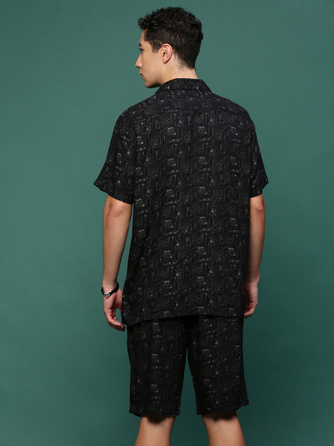 Men Black Cuban Collar Printed Co Ords Set