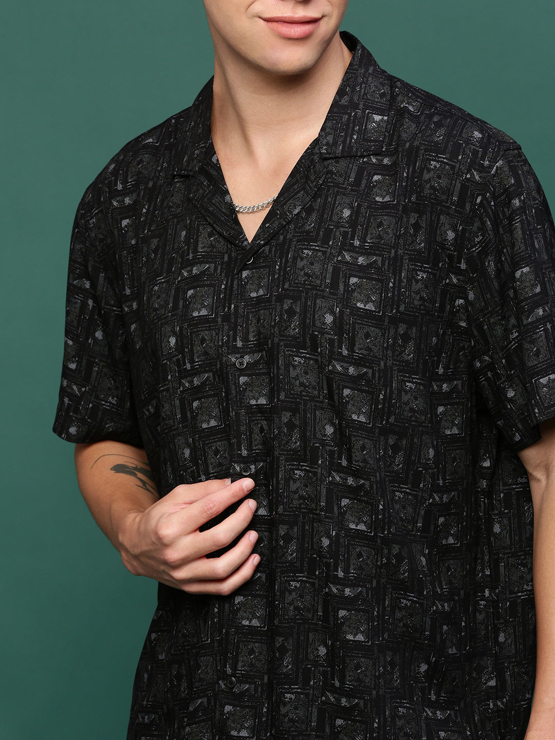 Men Black Cuban Collar Printed Co Ords Set