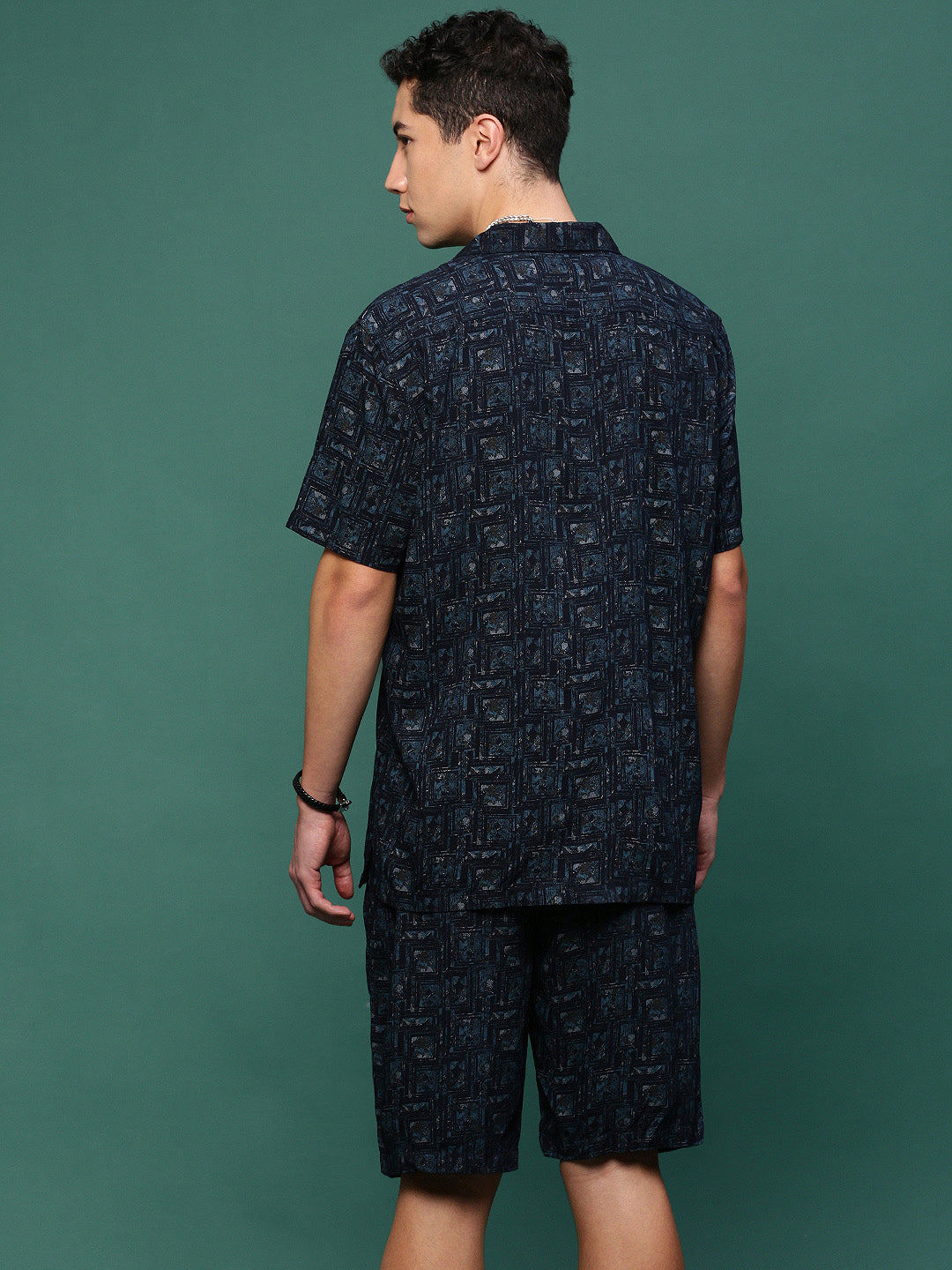 Men Navy Blue Cuban Collar Printed Co Ords Set