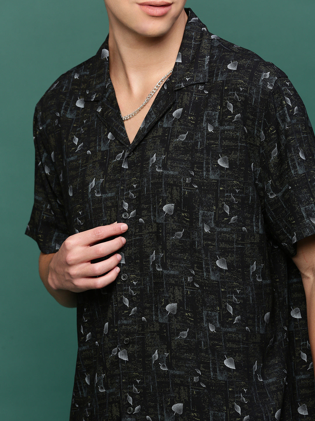 Men Black Cuban Collar Printed Co Ords Set