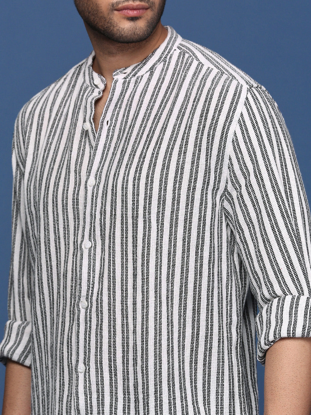 Men Mandarin Collar Striped White Slim Fit Shirt