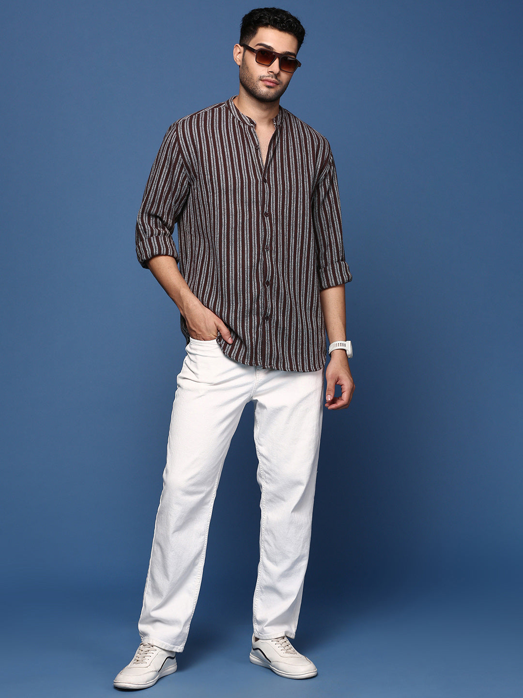 Men Mandarin Collar Striped Brown Slim Fit Shirt