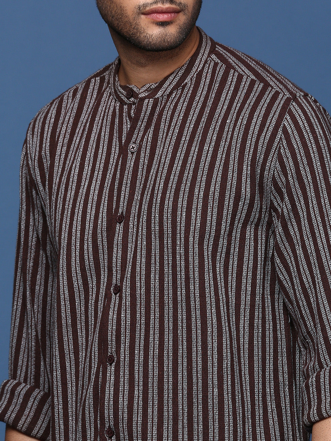 Men Mandarin Collar Striped Brown Slim Fit Shirt