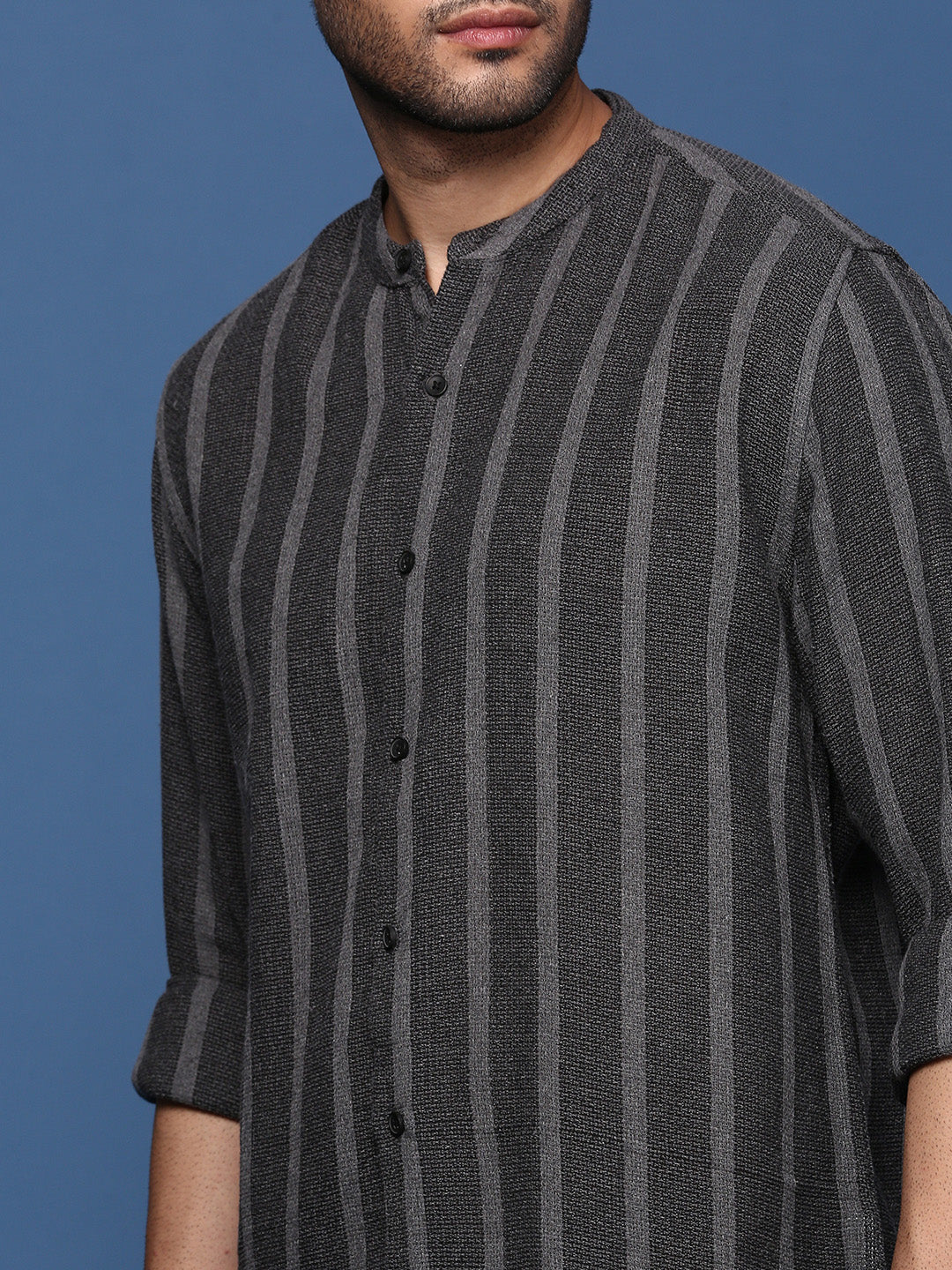 Men Mandarin Collar Striped Charcoal Slim Fit Shirt