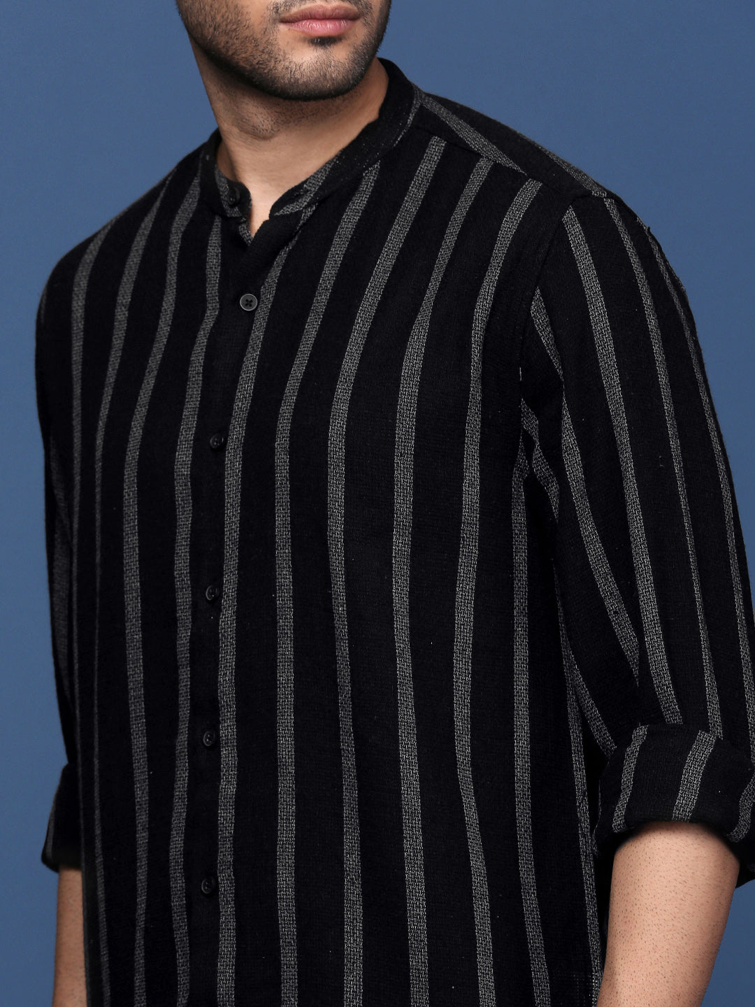 Men Mandarin Collar Striped Black Slim Fit Shirt