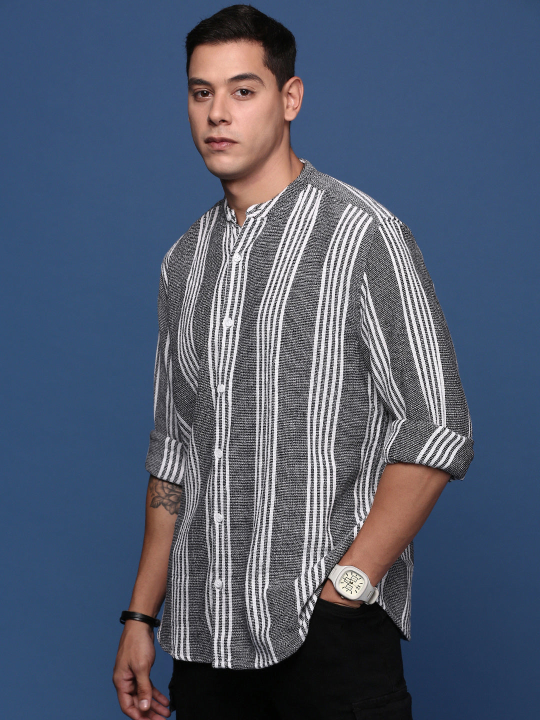 Men Mandarin Collar Striped Black Slim Fit Shirt