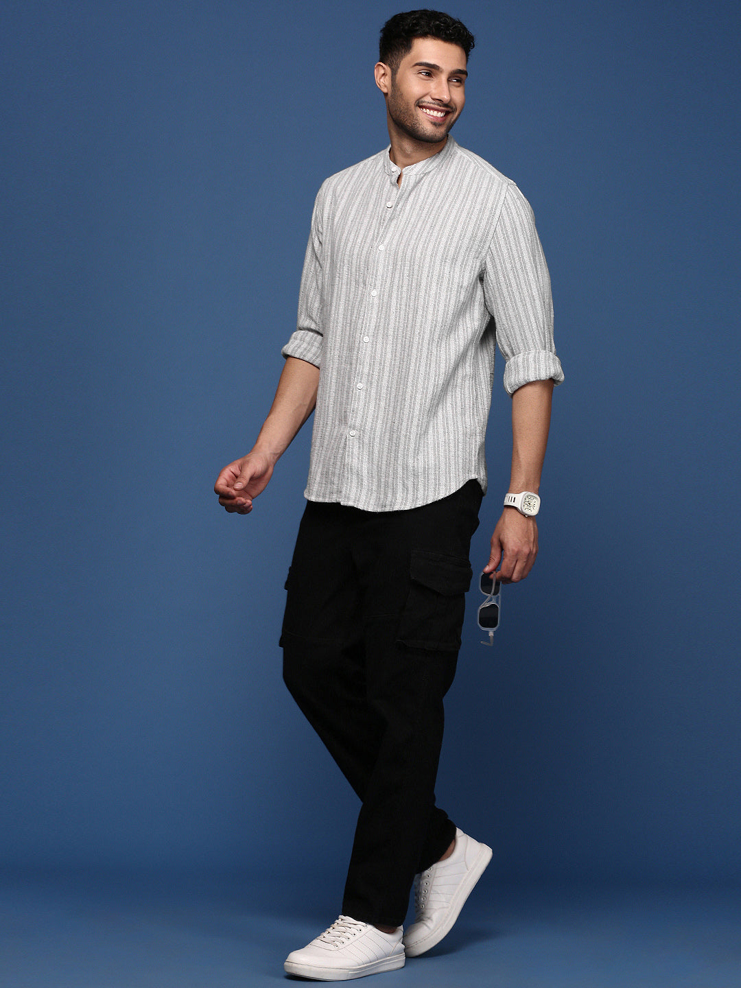 Men Mandarin Collar Striped Grey Slim Fit Shirt