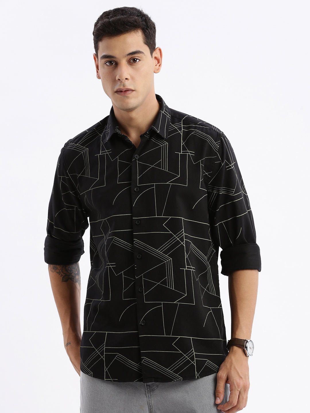 Men Spread Collar Printed Slim Fit Black Shirt