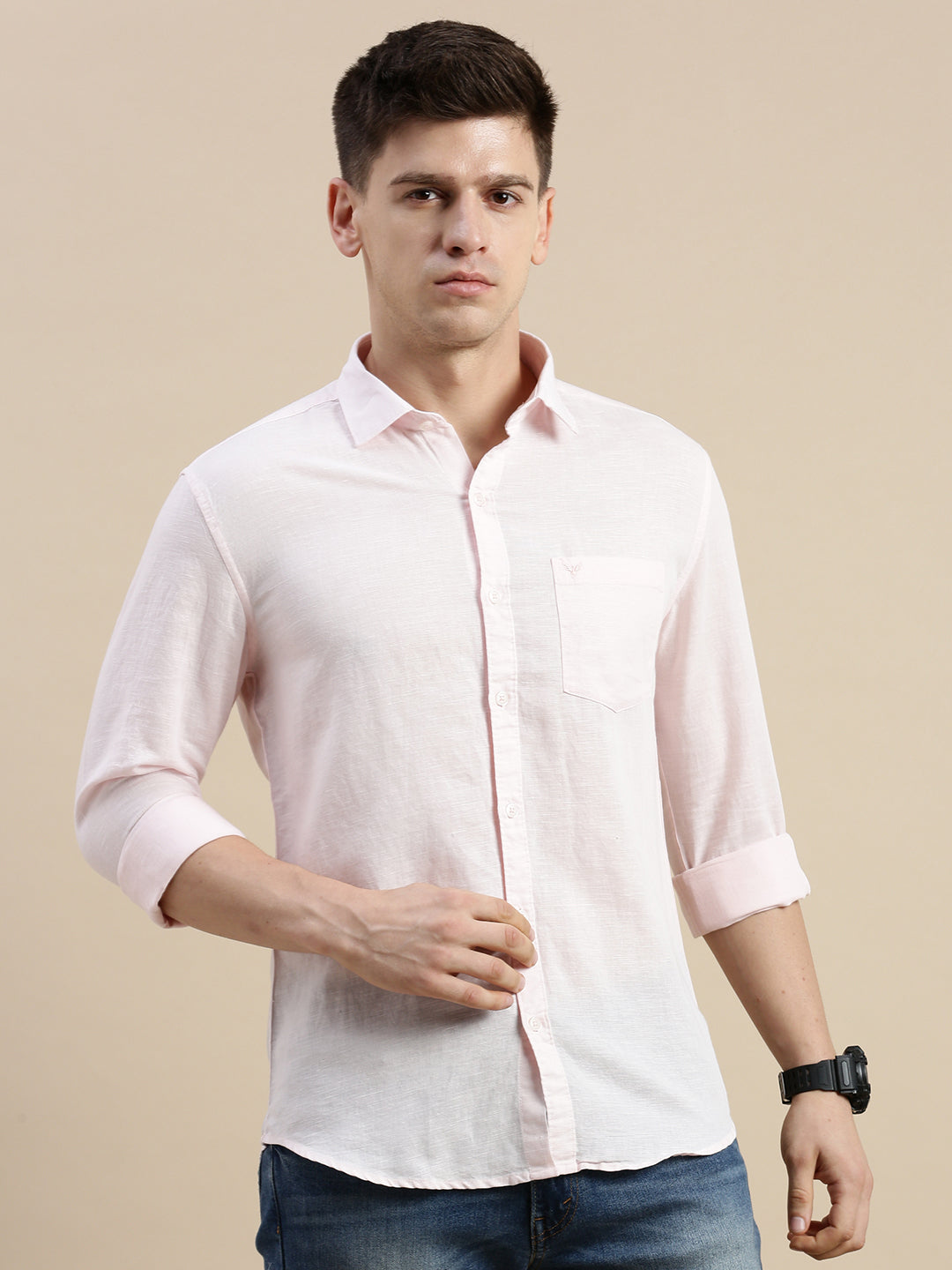 Men Spread Collar Solid Pink Shirt