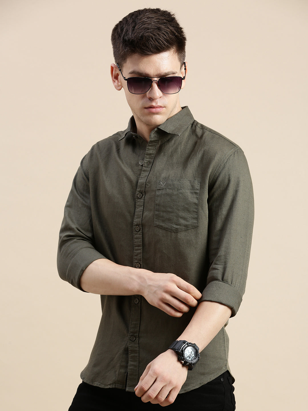 Men Spread Collar Solid Olive Shirt