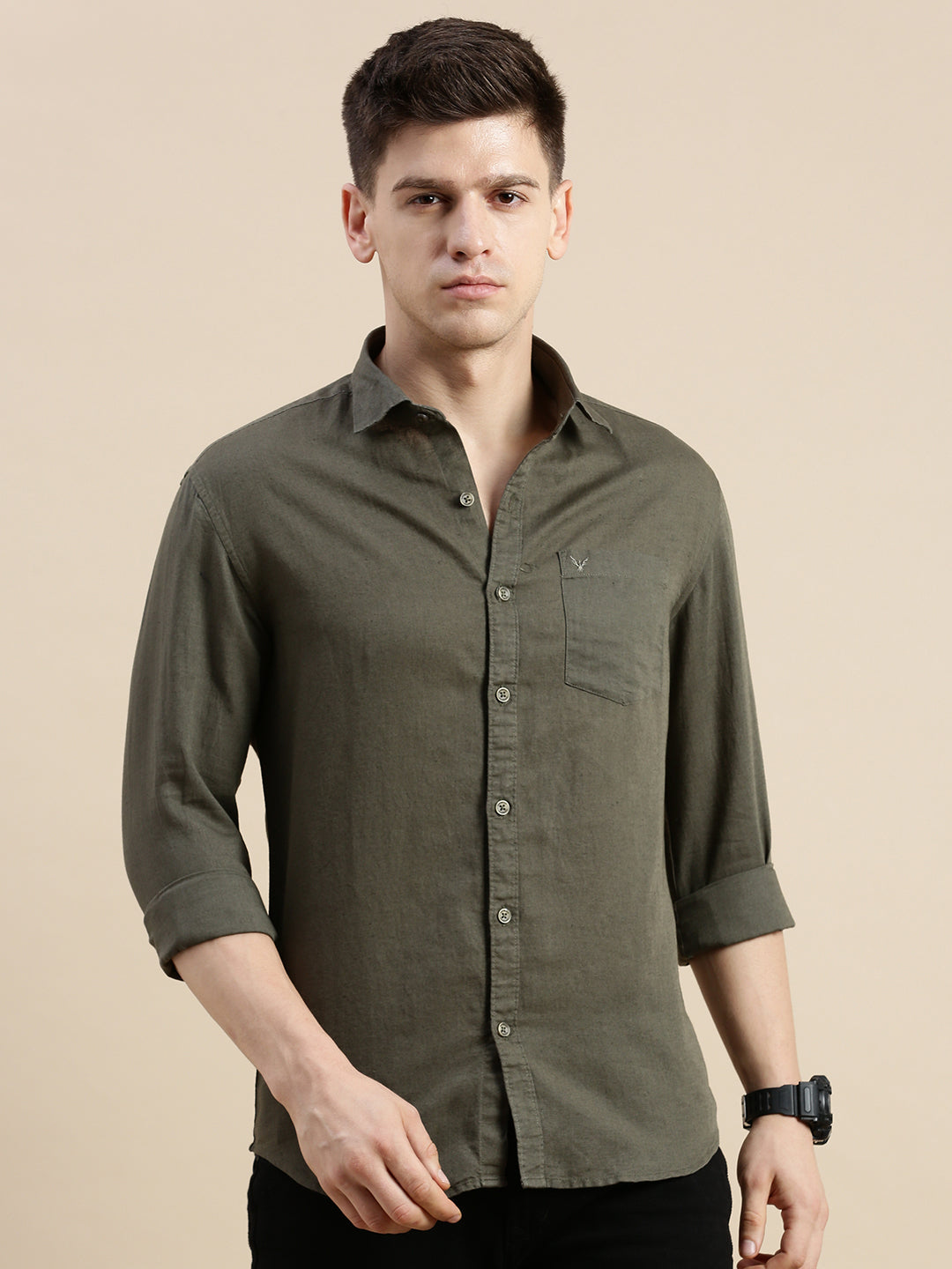 Men Spread Collar Solid Olive Shirt