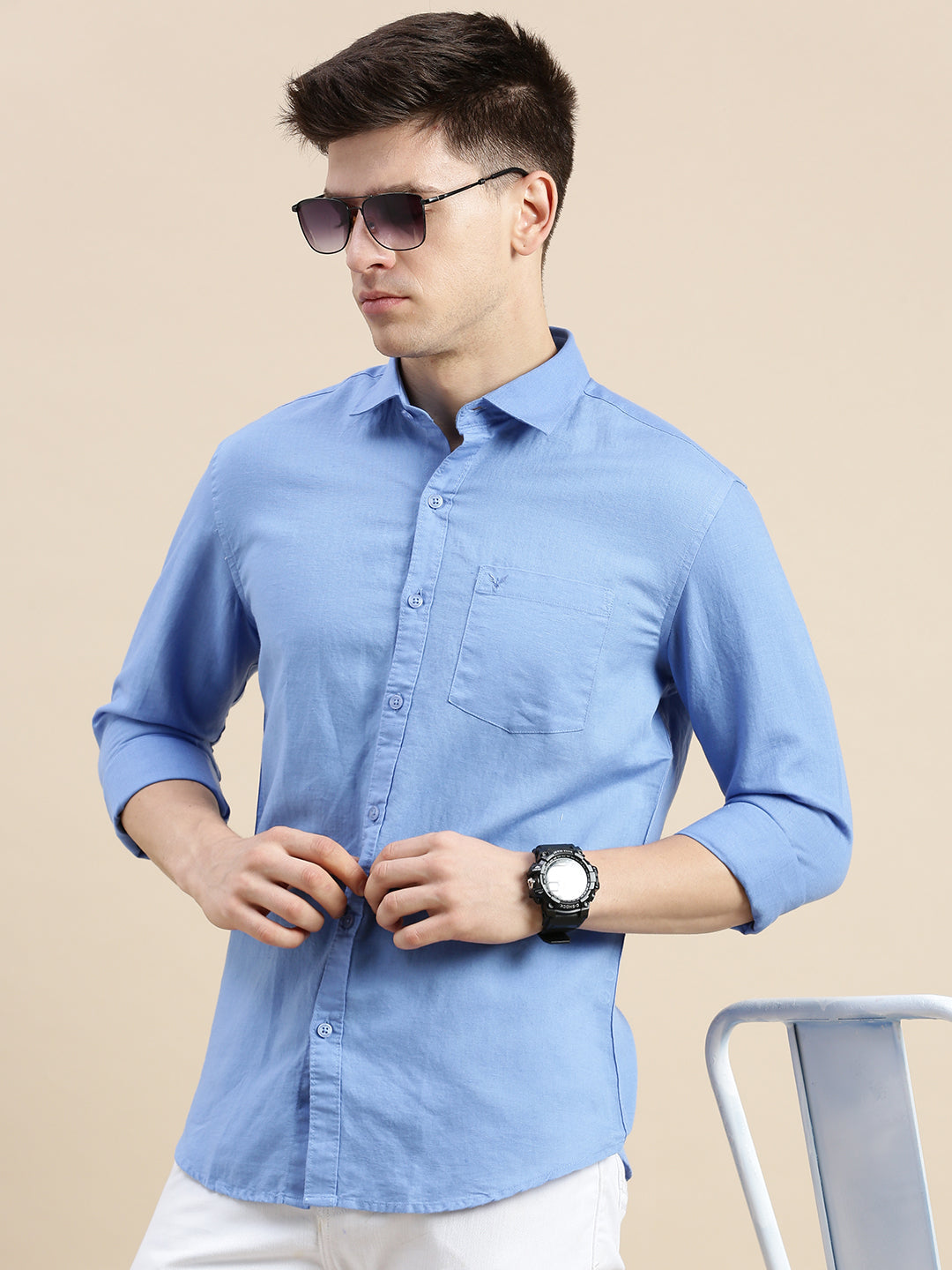 Men Spread Collar Solid Blue Shirt