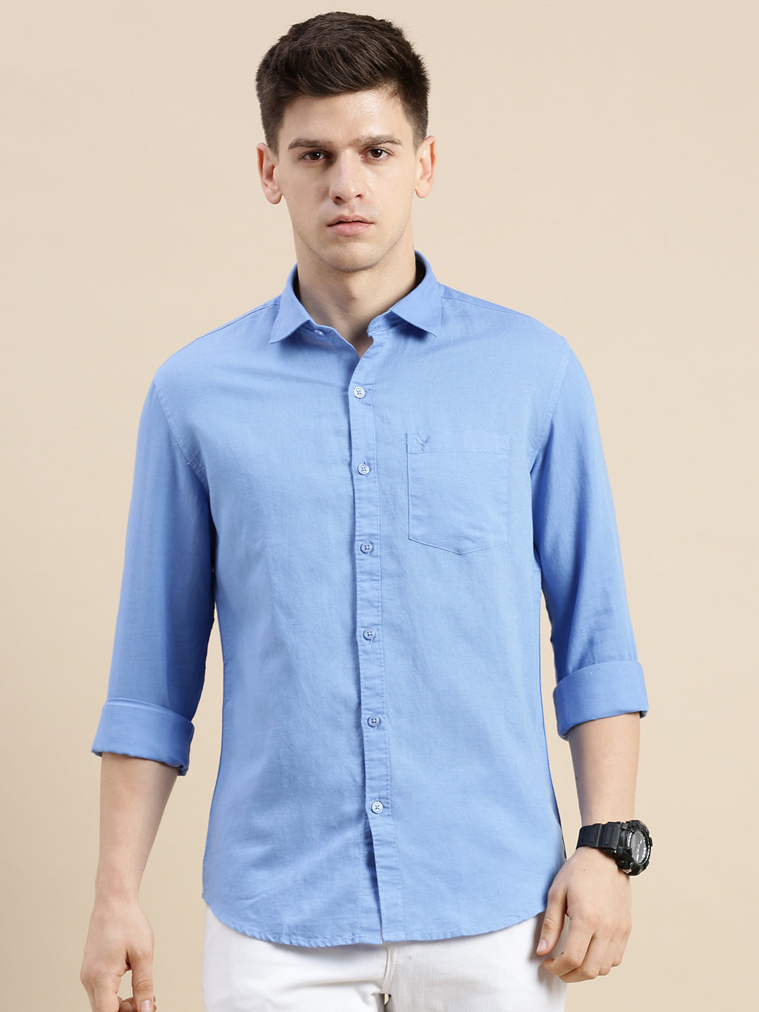 Men Spread Collar Solid Blue Shirt