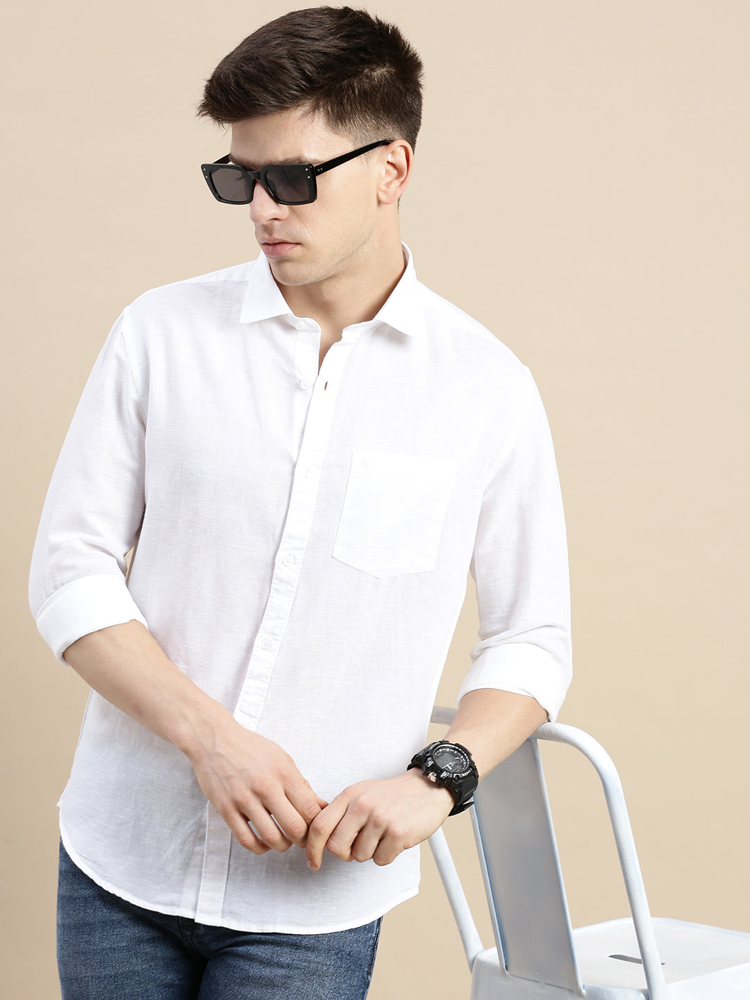 Men Spread Collar Solid White Shirt