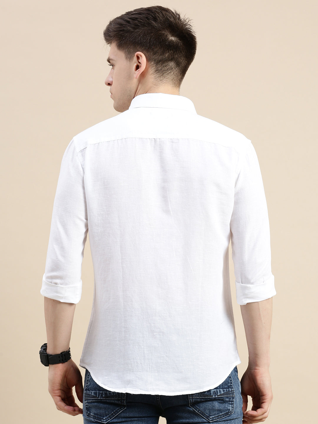 Men Spread Collar Solid White Shirt