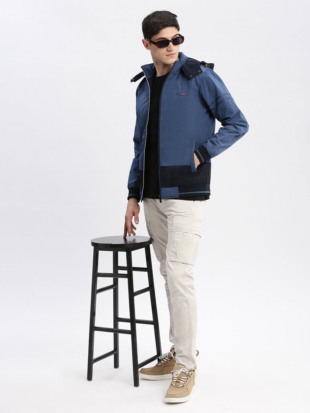 Men Colourblocked Mock Collar Blue Bomber Jacket Comes with Detachable Hoodie
