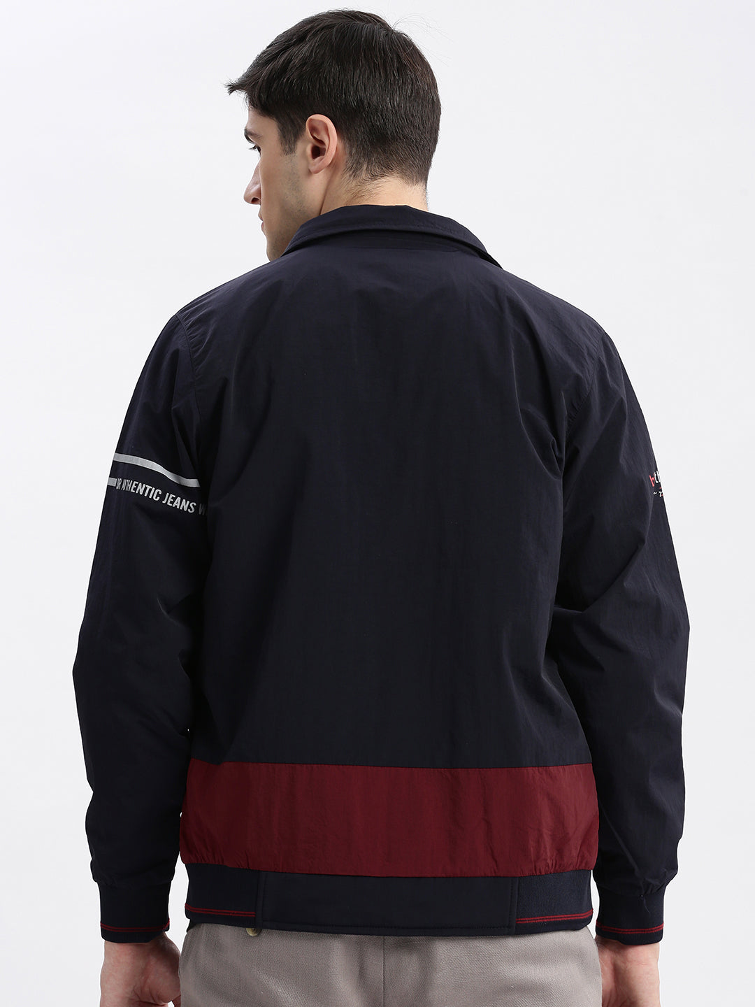 Men Colourblocked Mock Collar Navy Blue Bomber Jacket Comes with Detachable Hoodie