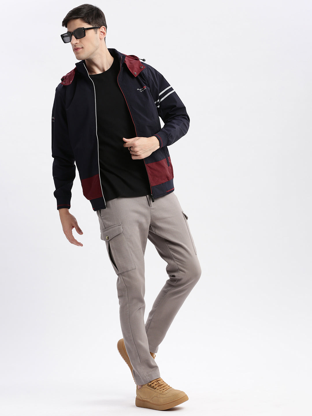 Men Colourblocked Mock Collar Navy Blue Bomber Jacket Comes with Detachable Hoodie