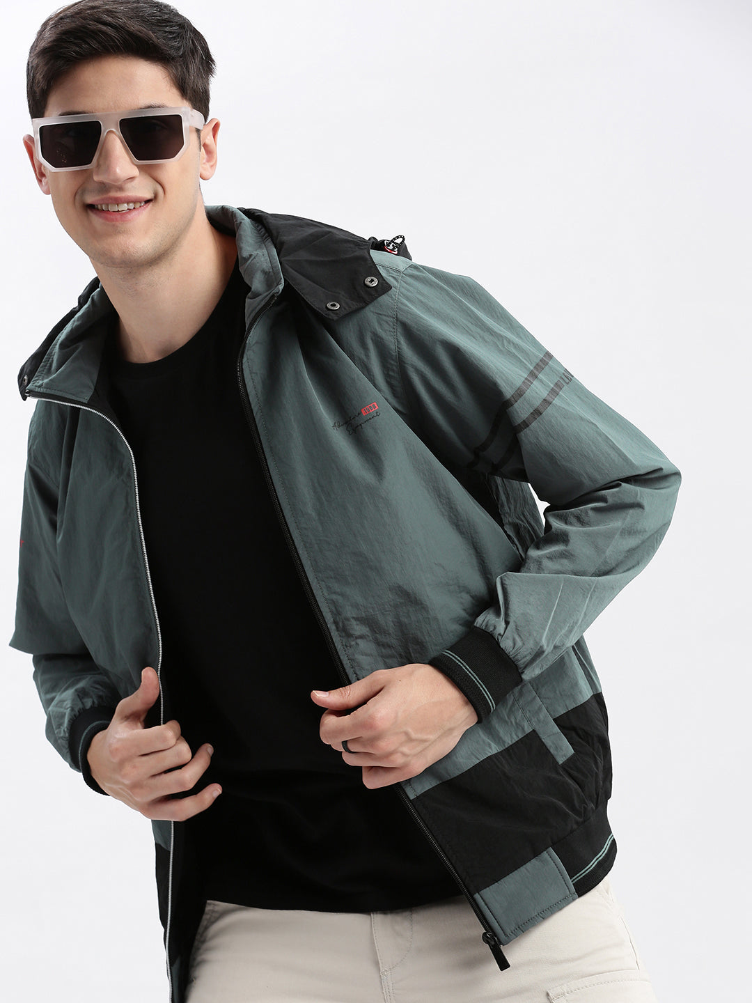 Men Colourblocked Mock Collar Teal Bomber Jacket Comes with Detachable Hoodie