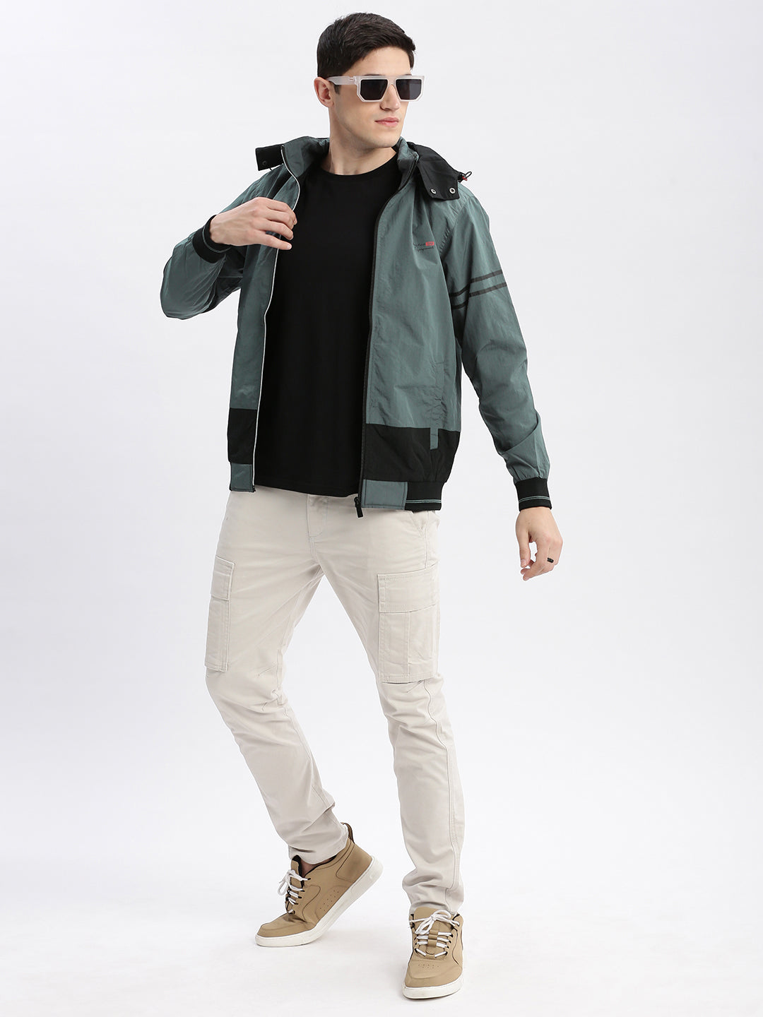 Men Colourblocked Mock Collar Teal Bomber Jacket Comes with Detachable Hoodie