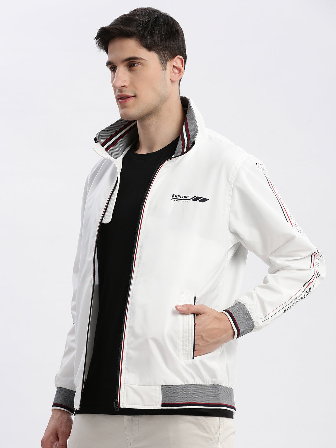 Men Solid Mock Collar White Bomber Jacket