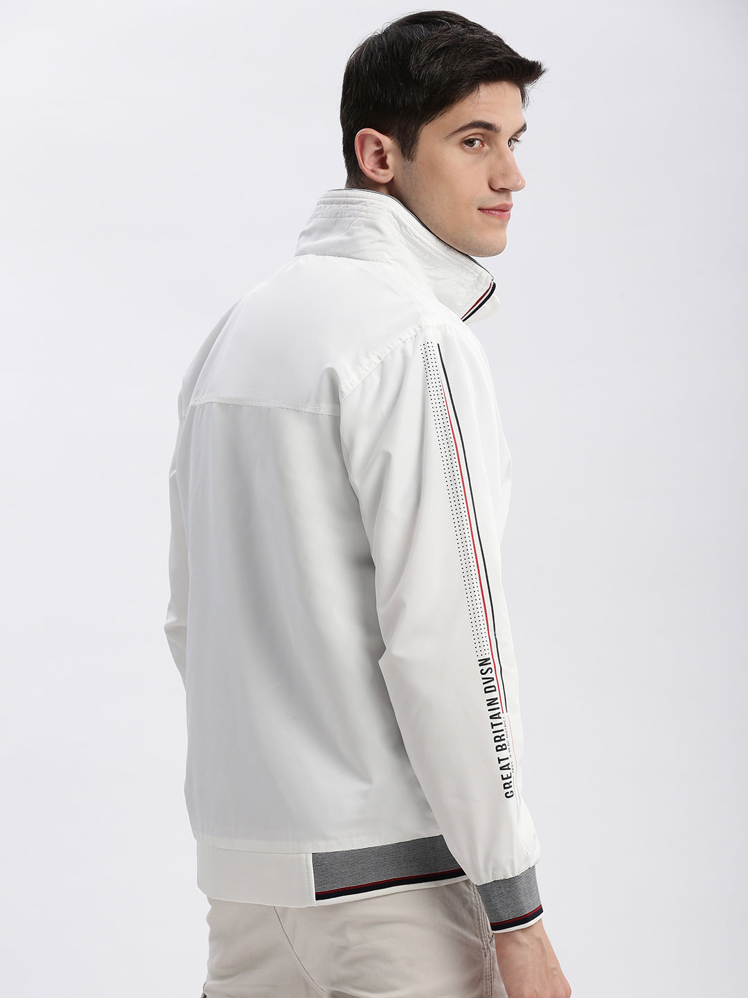 Men Solid Mock Collar White Bomber Jacket