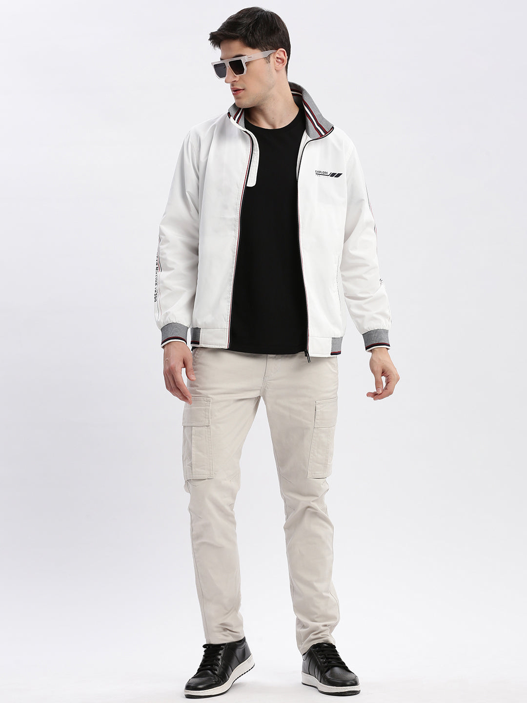 Men Solid Mock Collar White Bomber Jacket