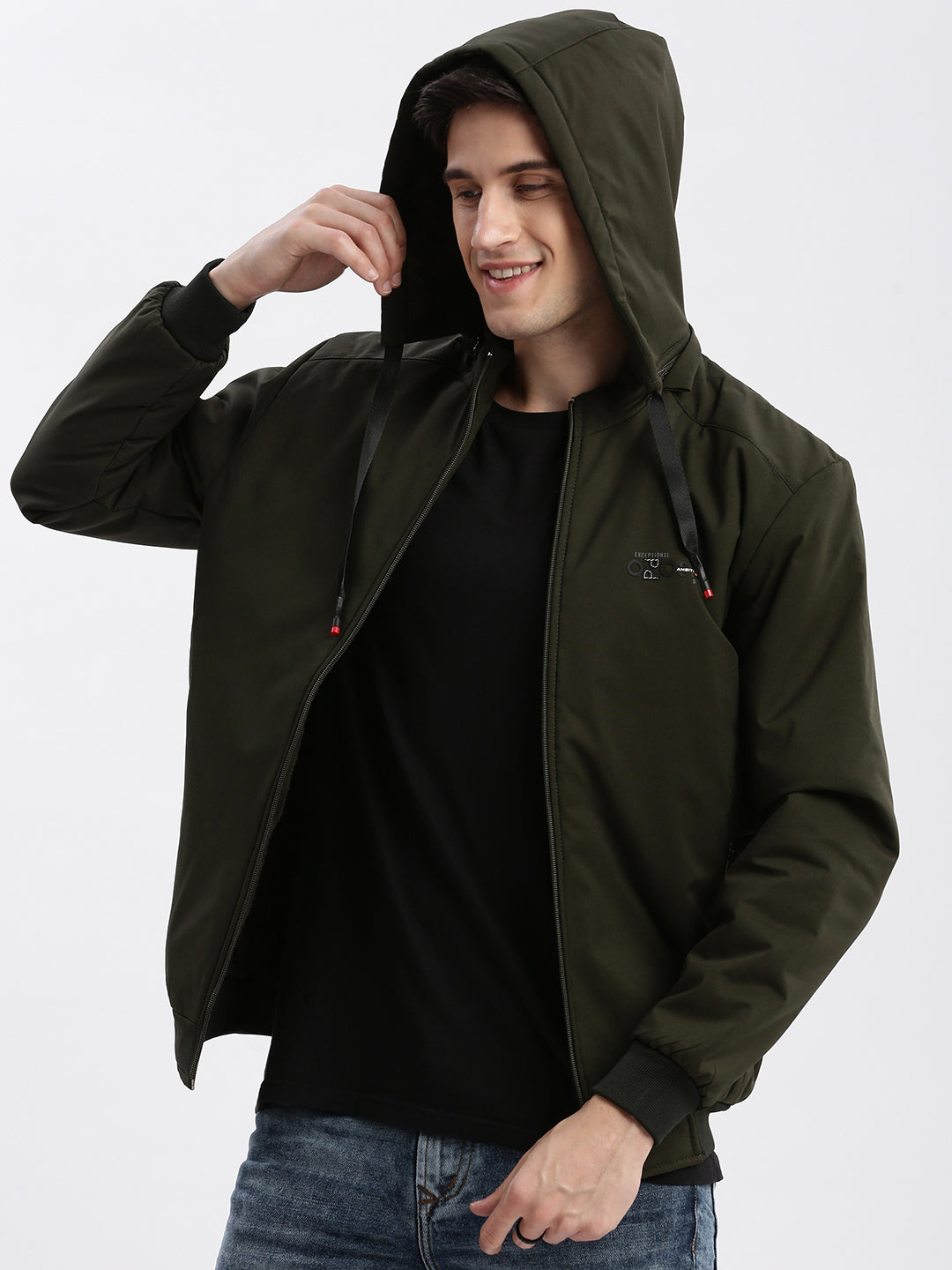 Men Solid Mock Collar Olive Bomber Jacket Comes with Detachable Hoodie