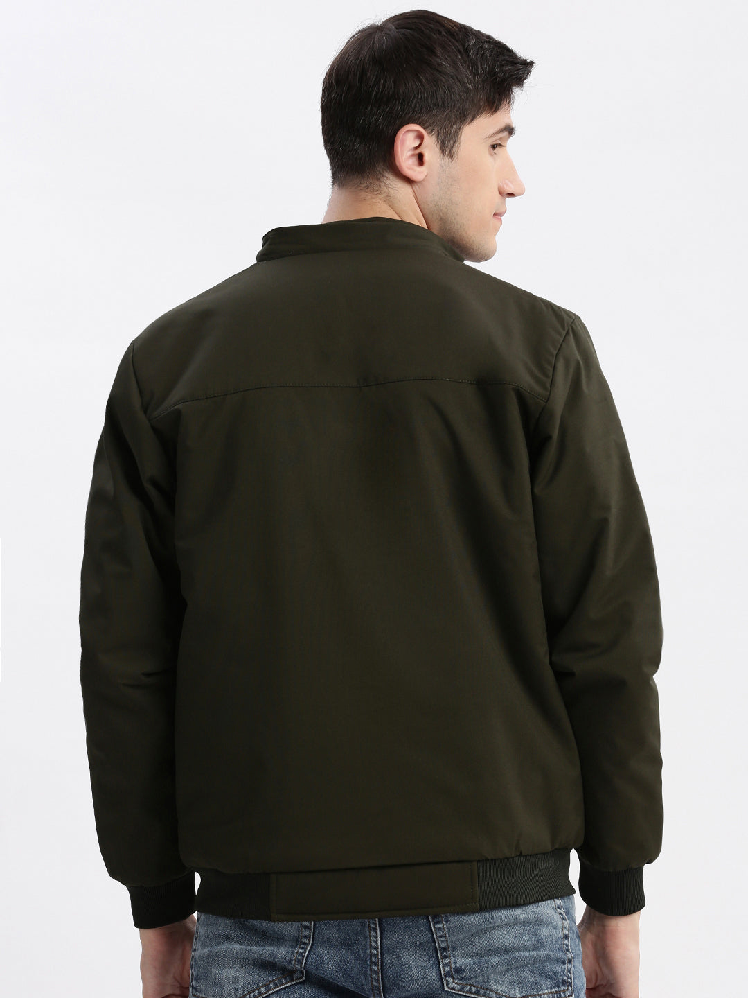 Men Solid Mock Collar Olive Bomber Jacket Comes with Detachable Hoodie