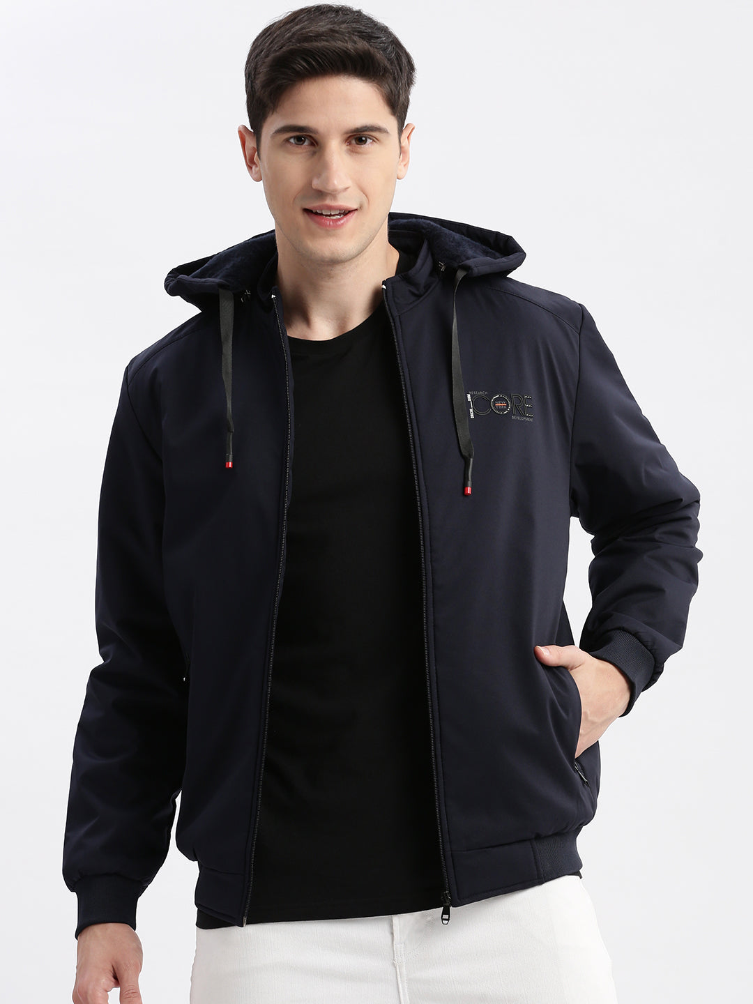 Men Solid Mock Collar Navy Blue Bomber Jacket Comes with Detachable Hoodie