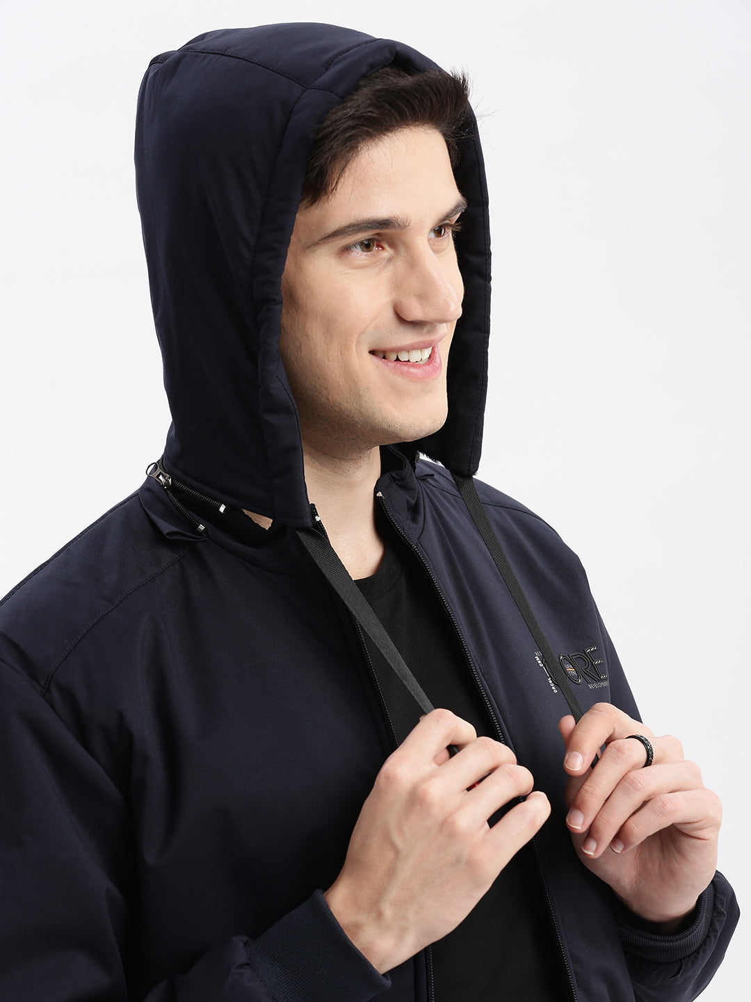 Men Solid Mock Collar Navy Blue Bomber Jacket Comes with Detachable Hoodie