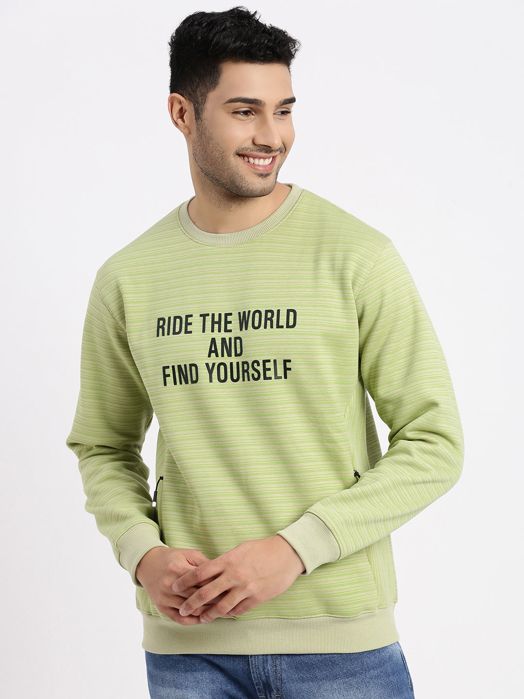 Men Green Striped Sweatshirt