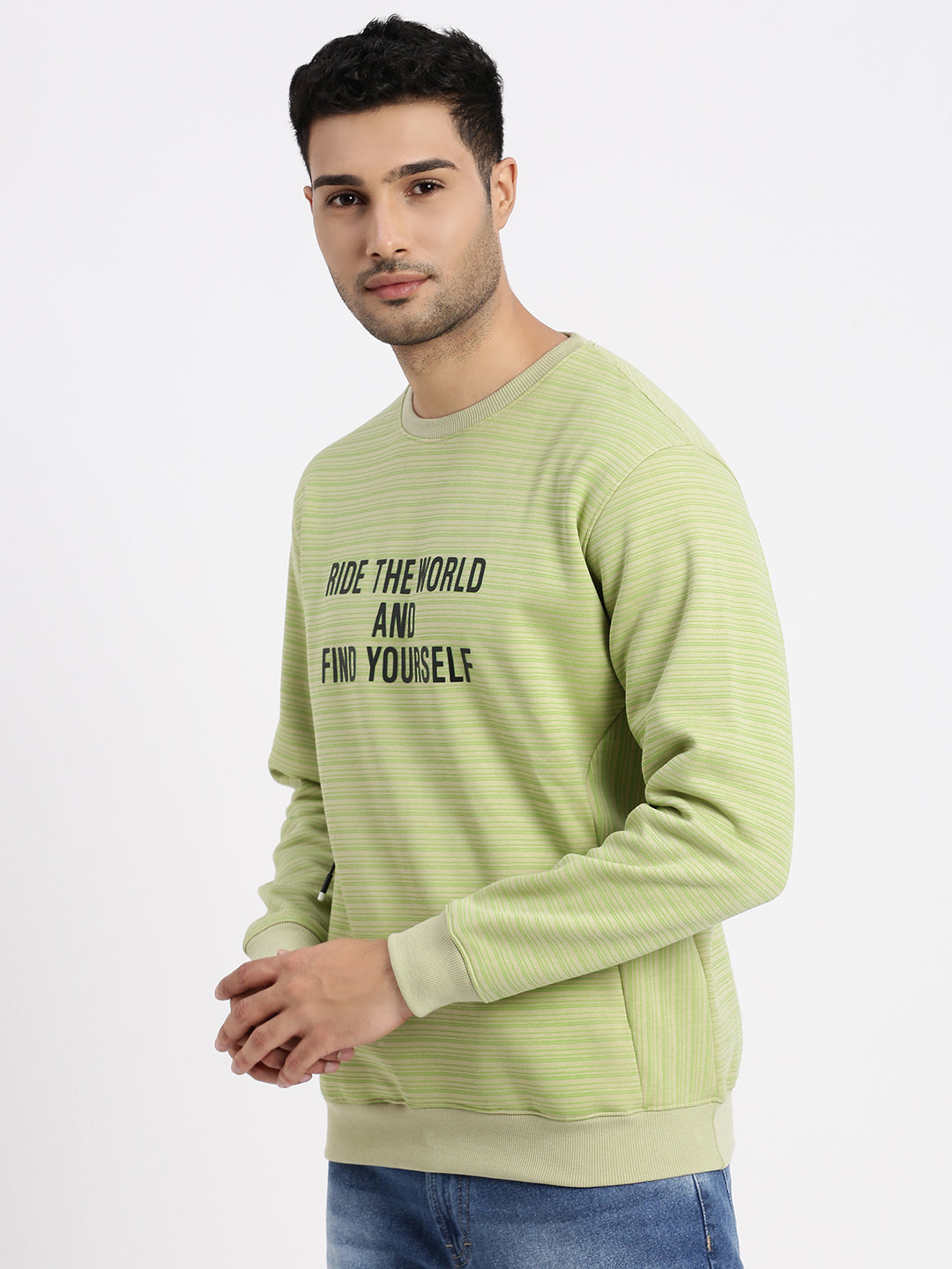 Men Green Striped Sweatshirt