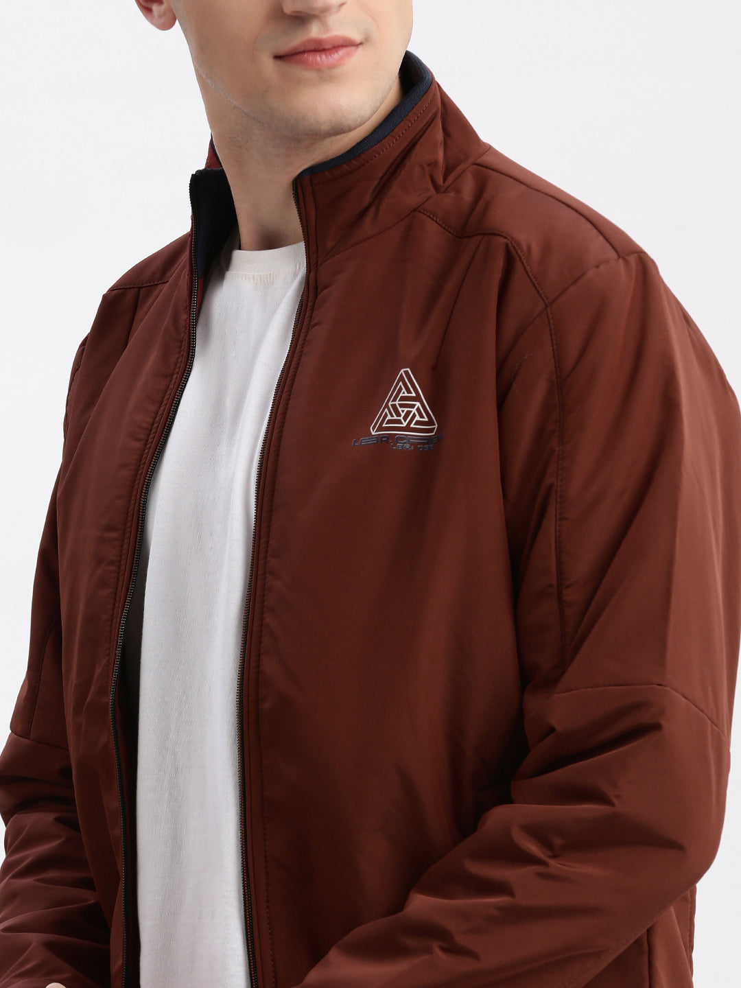 Men Solid Mock Collar Rust Bomber Jacket