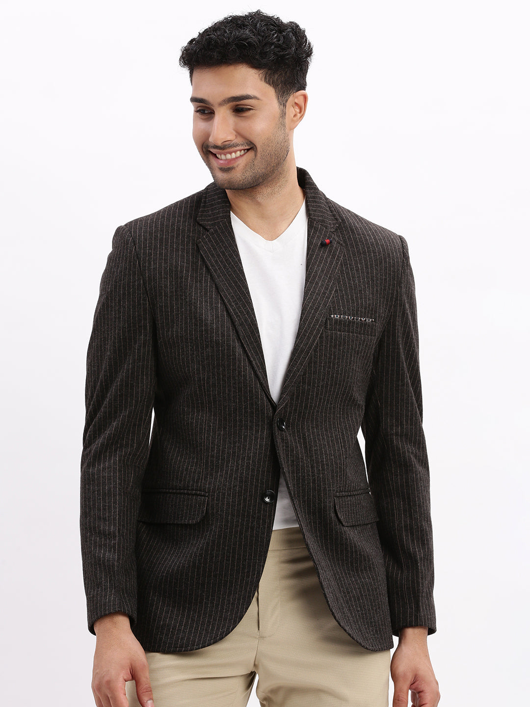 Men Striped Charcoal Single Breasted Blazer