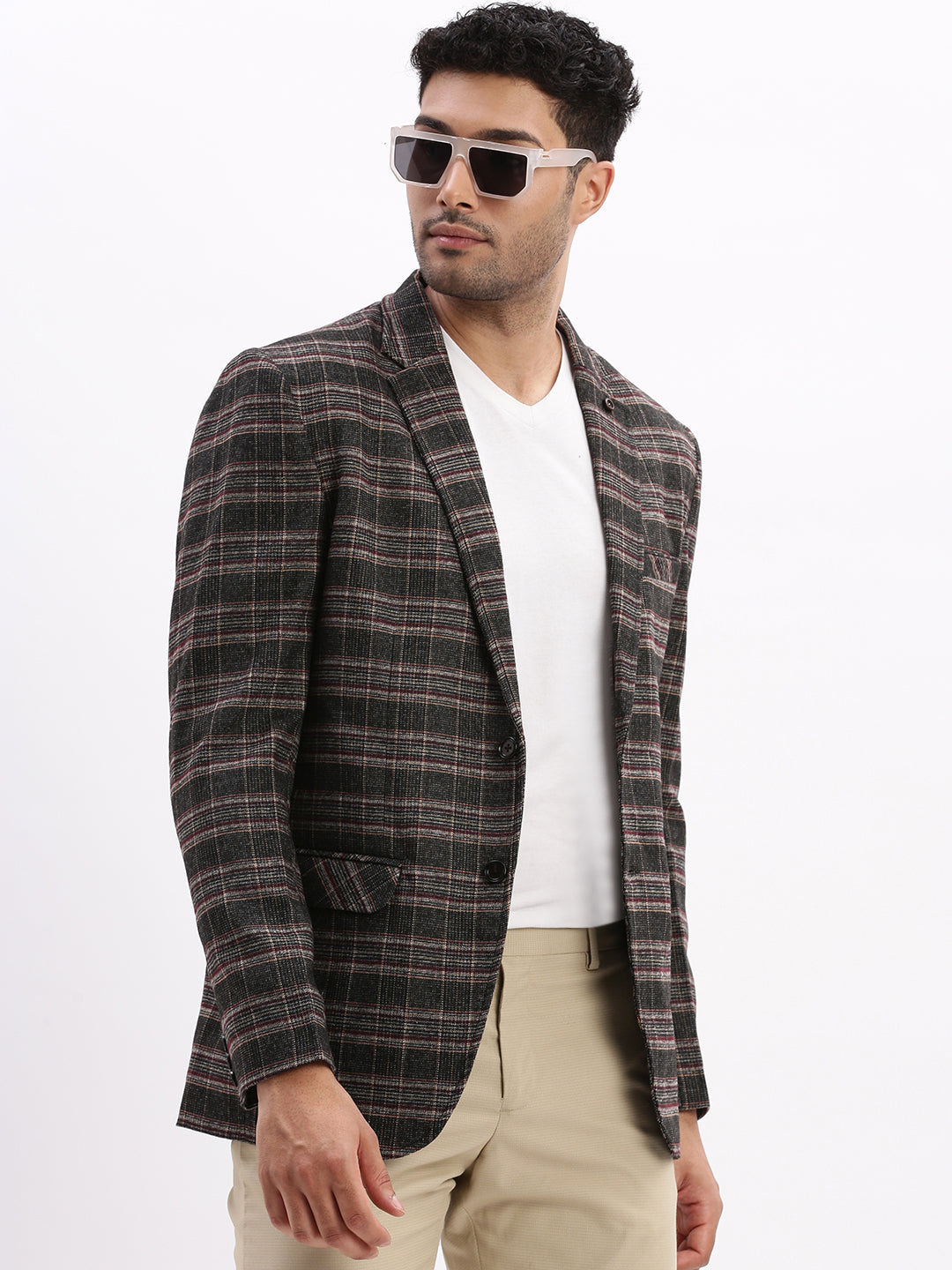 Men Checked Grey Single Breasted Blazer