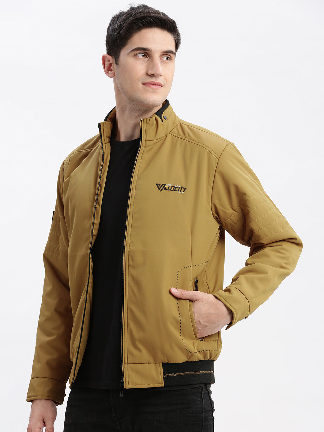 Men Solid Mock Collar Mustard Bomber Jacket